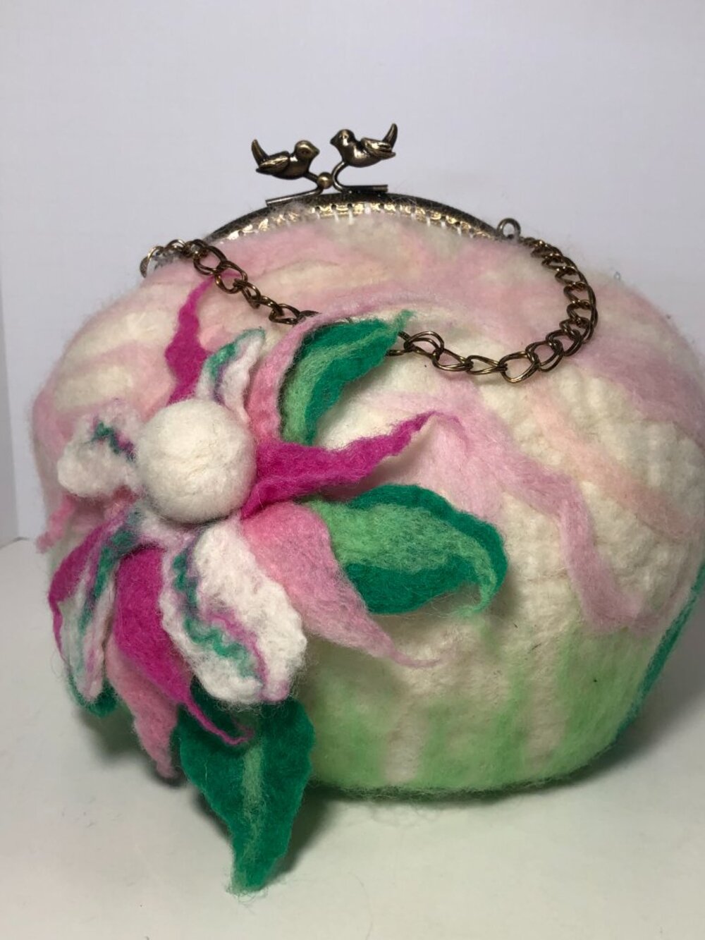Purse Clutch One of Kind Felted Pink Green White 9” Artsy Handbag Flower Bird